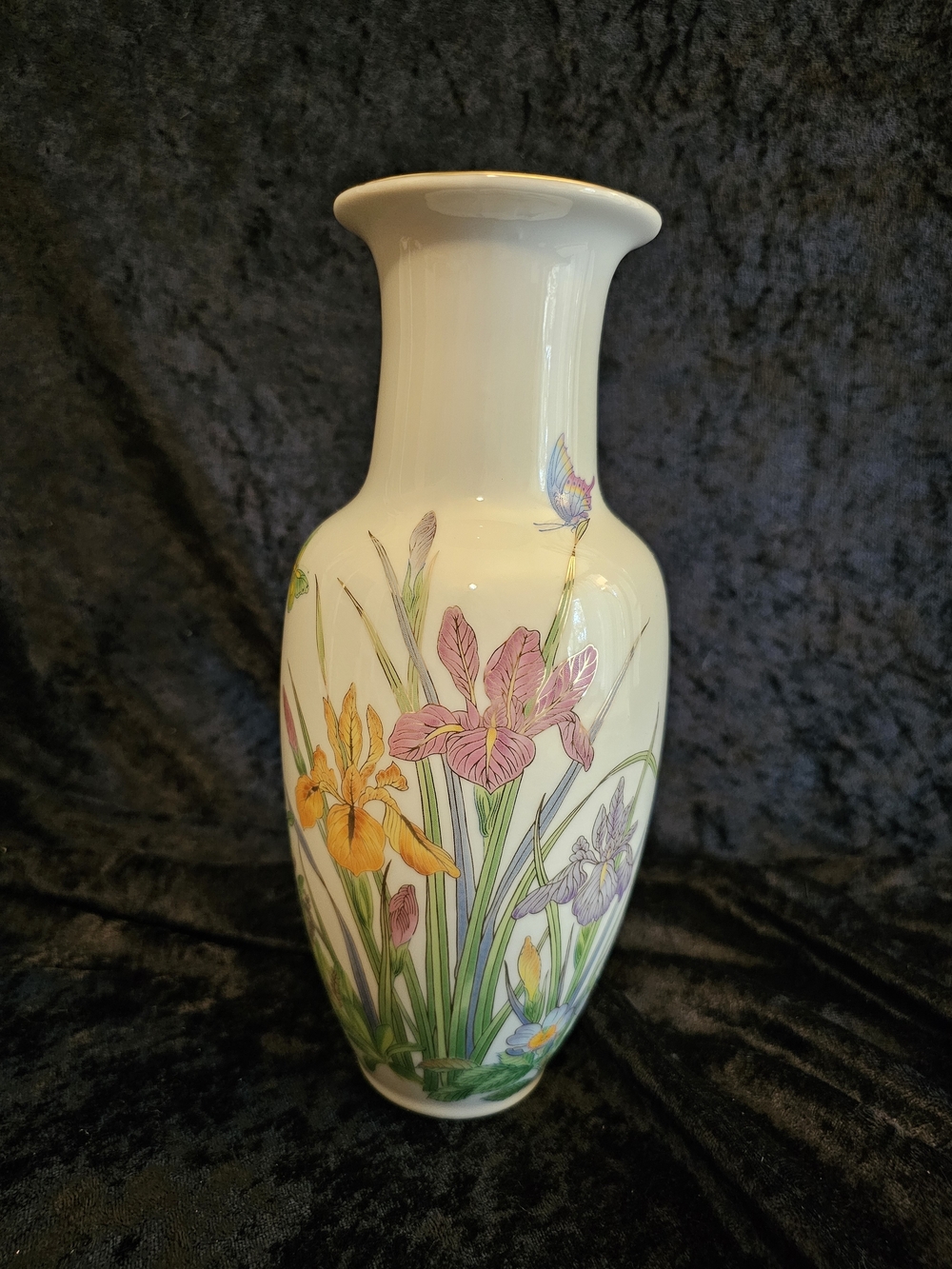 Vintage Srednick Collection Japan Iris & Butterfly Porcelain Vase Gold Rim